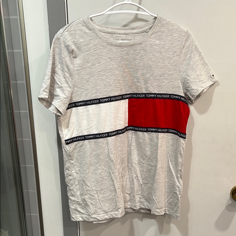 Tommy Hilfiger Gray Tee with Red and White Blocks